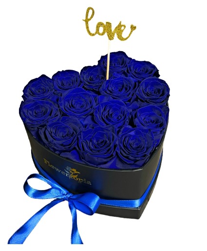14 Blue Preserved Roses in a Heart Box Preserved Rose Box