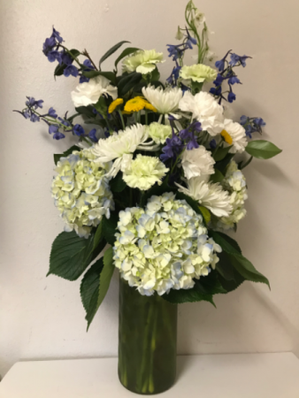 Blue Hydrangea & Delphinium New Baby Arrangement