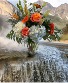 Blue hydrangea with orange roses  Vase Arrangement