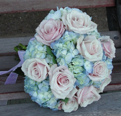 Blue Hydrangea with Pink Roses 