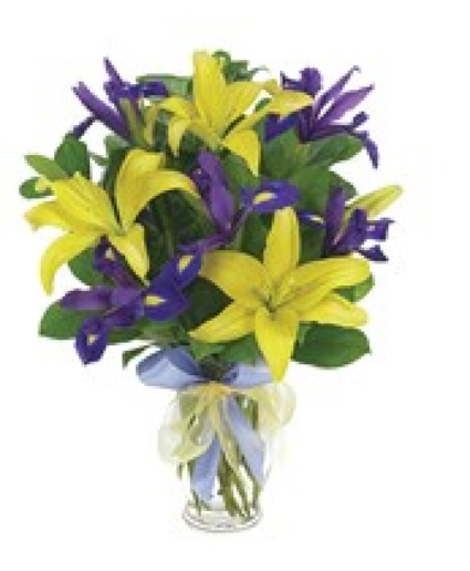 Blue Iris& Lilies Surprise All Around Arrangement