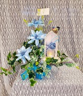 Blue Magnolia's, Bluebird and Rejoice Candle Silk Arrangement