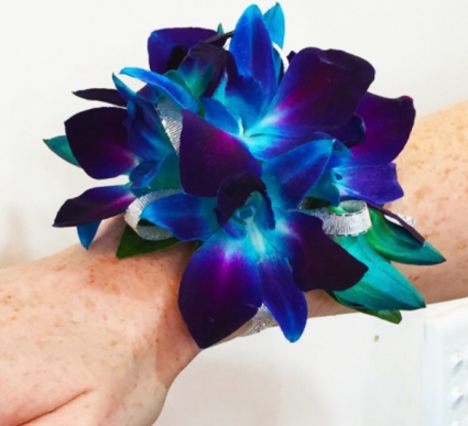 Blue orchid wrist corsage 