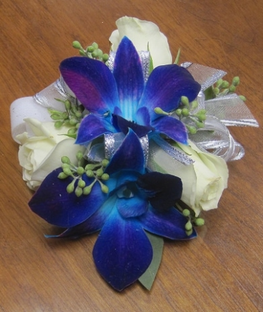 Blue Orchids & White Roses Corsage 