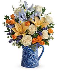 Blue Pitcher Arrangement Beautiful Spring Arrangement in a Keepsake Pitcher