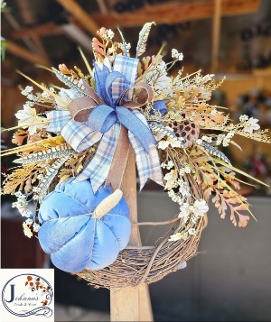 Blue Pumpkin Fall Grapevine Wreath 