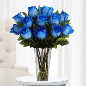 Blue Roses in Clear vase for Dad! 12, 18, or 24 