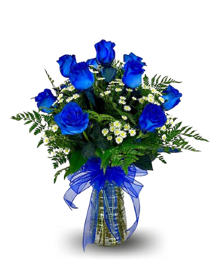 BLUE ROSES IN VASE WITH BOW 