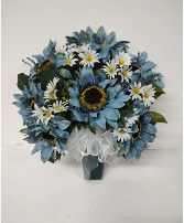 BLUE SILK SUNFLOWERS AND DAISIES CEMETARY CONE 