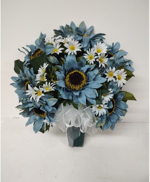 BLUE SILK SUNFLOWERS AND DAISIES CEMETARY CONE 