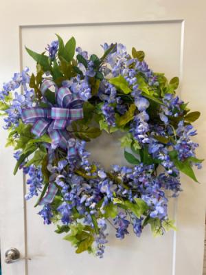 Blue Silk wreath on grapevine 