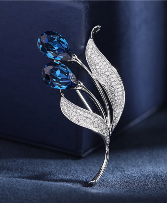 Blue Silver Tulip Flower Brooch in Solid Copper Gift Items