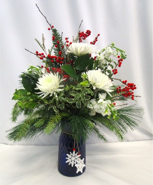 BLUE SKIES AND SNOW FLAKES FRESH FLOWERS VASED