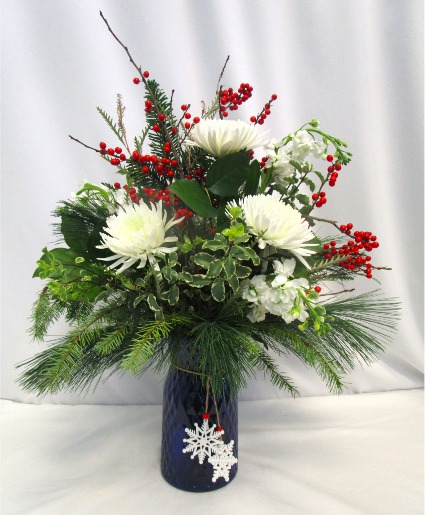 BLUE SKIES AND SNOW FLAKES FRESH FLOWERS VASED