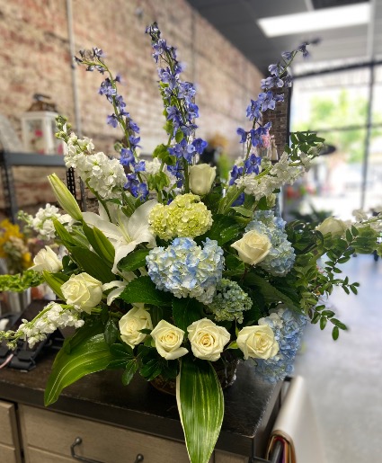 Blue Skies and Soft Clouds Basket Arrangement