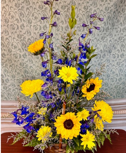 Blue Skies and Sunshine One sided basket arrangement