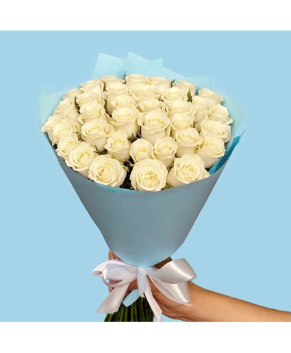  Blue Skies White roses wrapped bouquet 