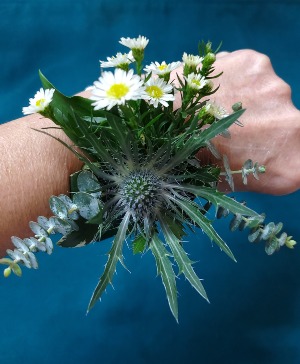 Blue Thistle with Eucalyptus and Aster Corsage