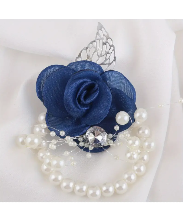 Blue Tulle Rose Corsage Bracelet in Newmarket, ON | FLOWERS 'N THINGS FLOWER & GIFT SHOP