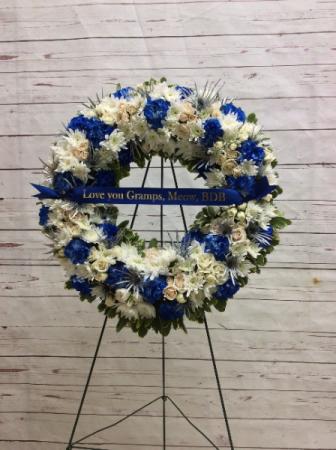 Blue, White and Silver Wreath Banner Included, your choice of saying