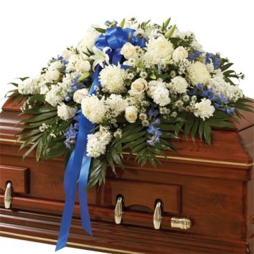 Blue & White Casket Spray in Bronx, NY | Bella's Flower Shop Blue & White Casket Spray in Bronx, NY | Bella's Flower Shop