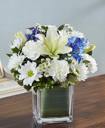 Blue & White Cube Fresh Flowers in Elyria, OH | PUFFER'S FLORAL SHOPPE, INC.