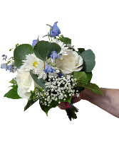 Blue & White Hand Bouquet Corsage and Bouttonniere