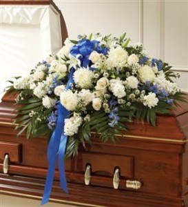 Blue & White Mixed Half Casket Cover Funeral in Crestview, FL | The Flower Basket Florist Blue & White Mixed Half Casket Cover Funeral in Crestview, FL | The Flower Basket Florist