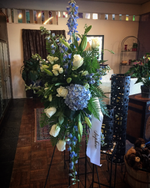Blue & White Standing Spray Sympathy in Greeley, CO | ERICKSON'S FLOWERS Blue & White Standing Spray Sympathy in Greeley, CO | ERICKSON'S FLOWERS
