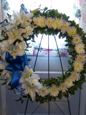 Blue & White Wreath Sympathy Flowers