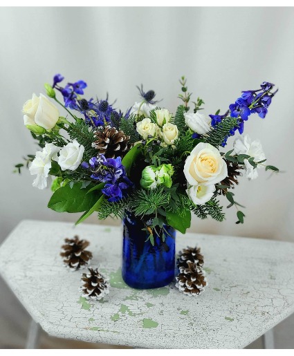 Blues and Whites Winter Arrangement Designer's Choice Vased Arrangement