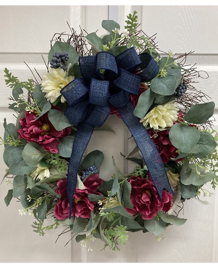 Blues, deep mauve, and cream Tones Permanent botanical wreath