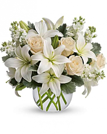 Blush And White Bowl Flower Arrangement
