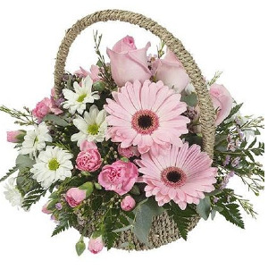Blushing Blooms Basket Arrangement