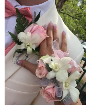 Blushing Pink Orchid Corsage and Boutonniere  