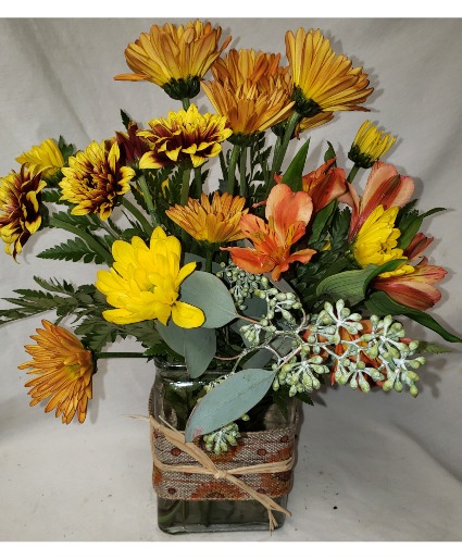 FALL FLING...small rectangular vases with ribbon Detail and fall daisies and alstramaria lily...colors will vary with stock 