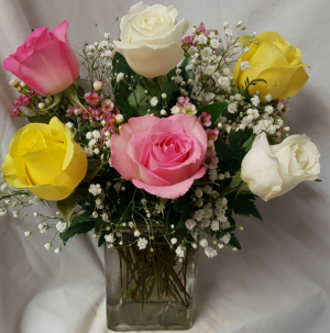 6 Mixed Roses arranged in a Vase with filler! (Color of roses may vary and filler )