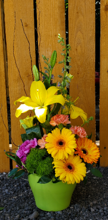 Bold and Bright ceramic container with gerbs and lilies