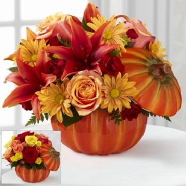 Bountiful Bouquet Ceramic Pumpkin with Fresh Flowers