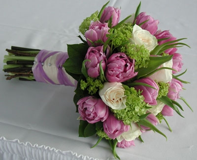 Bouquet of Green Viburnum, Lavendar Double Tulips and Vendella Roses 