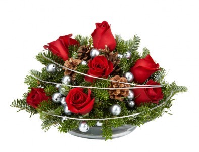 BOWL OF HO HO MERRY CHRISTMAS Red Roses Floral Arrangement