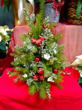 Boxwood, Pine Bough and Presents Fresh Tree Arrangement
