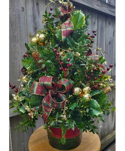 Boxwood tree in Burgandy & gold