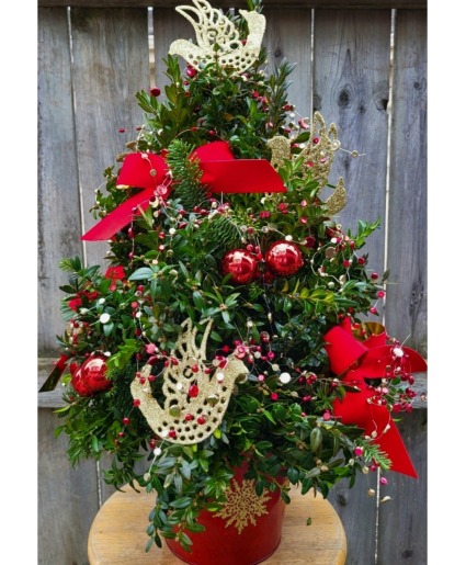Boxwood tree in red & gold 