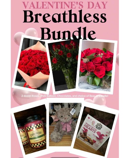 Breathless Special A stunning 2 Dozen roses with a Mylar Balloon, Box of chocolates, and choice of a Bear or a Candle