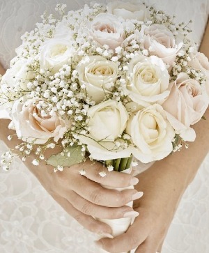 Bridal Bouquet Pale Touches  Ivory & Dusty Pink Roses with Baby's Breath 