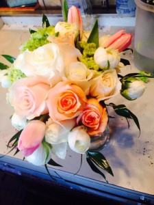 brides bouquet/ doubles as table arrang roses and tulips and wild flowers