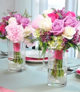 bridesmaid's bouquets/ doubled as  table arrang. roses/carns. and wild flowers