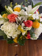 Bright and colorful Low cylinder vase arrangement