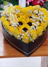 Bright and Sunny Future  Rose's chocolates & Sunflowers Heart Box